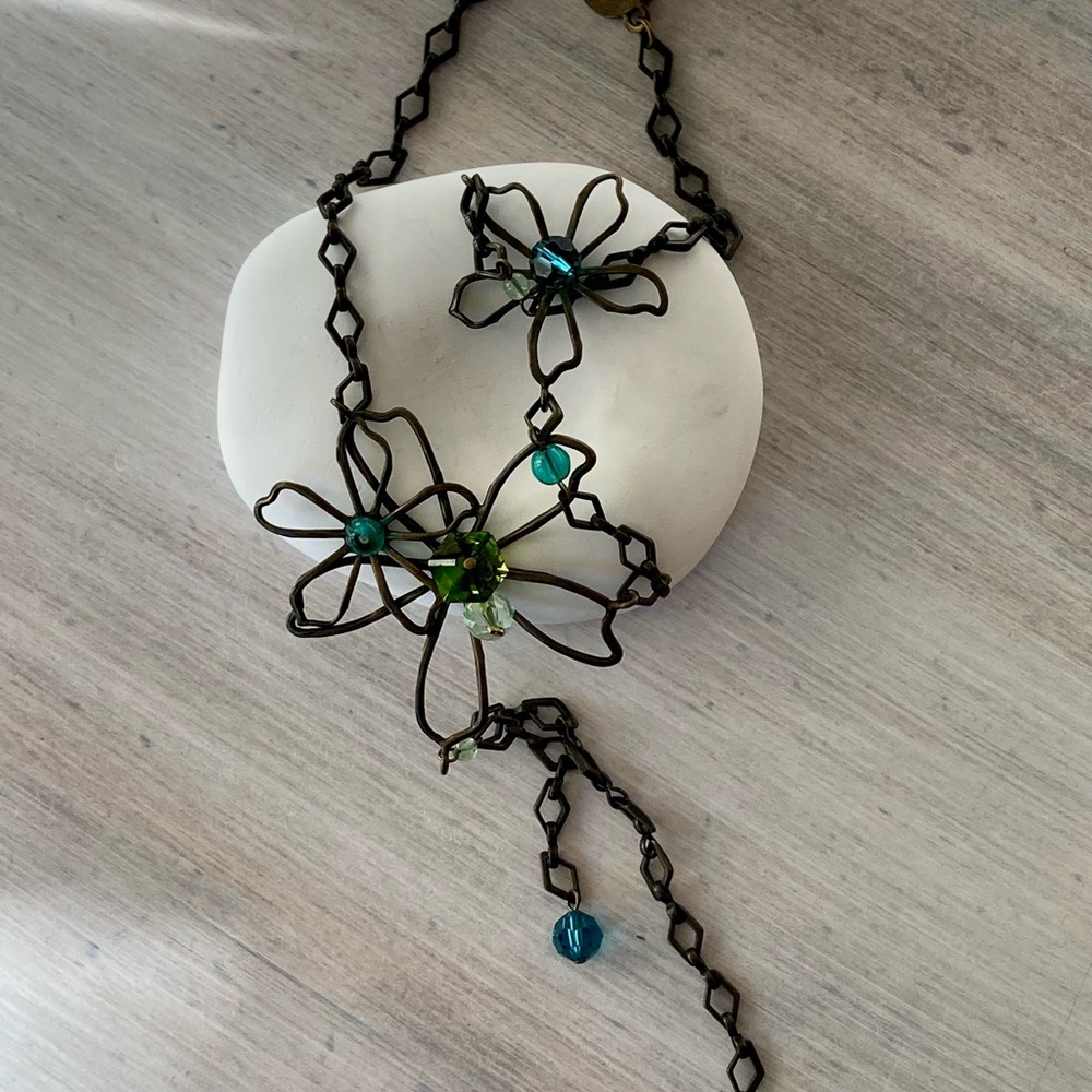 Handcrafted Bronze Stella Candente Necklace with Blue & Green Glass Stones.